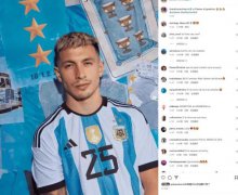 利桑德罗-马丁内斯Ins穿着三星阿根廷队的球衣：加油！阿根廷